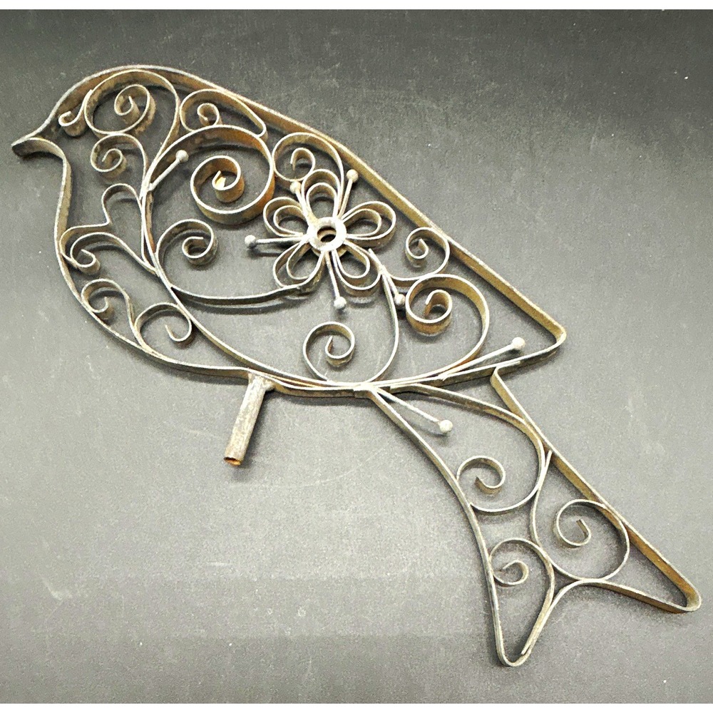 Vintage Metal Bird Filigree Scrollwork Garden Stake Topper Ornate Flower 13"